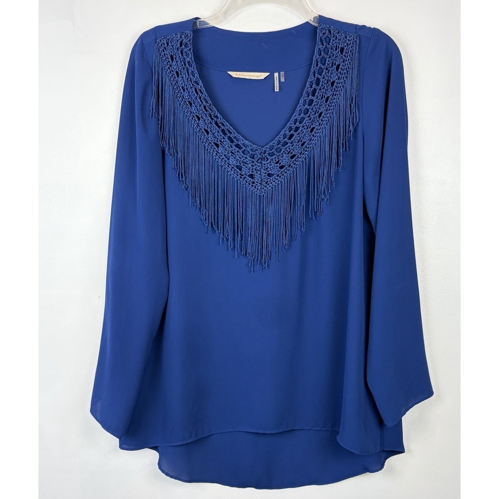 Soft Surroundings Crochet Fringe Top Womens Small Shirt Blouse Blue Old Money